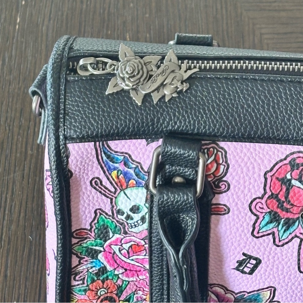 Ed Hardy Pink Skull Tattoo Satchel Bag NWT Roses Y2K Crossbody Purse - Picture 6 of 9